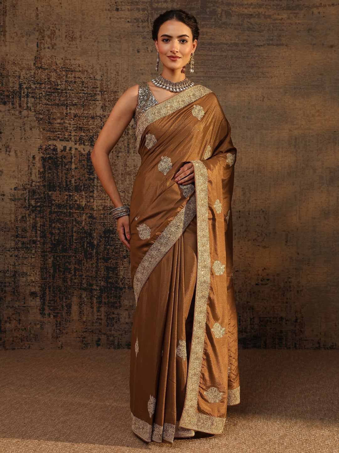 Brown Ethnic Motifs Embellished Satin Saree With Unstitched Blouse Piece