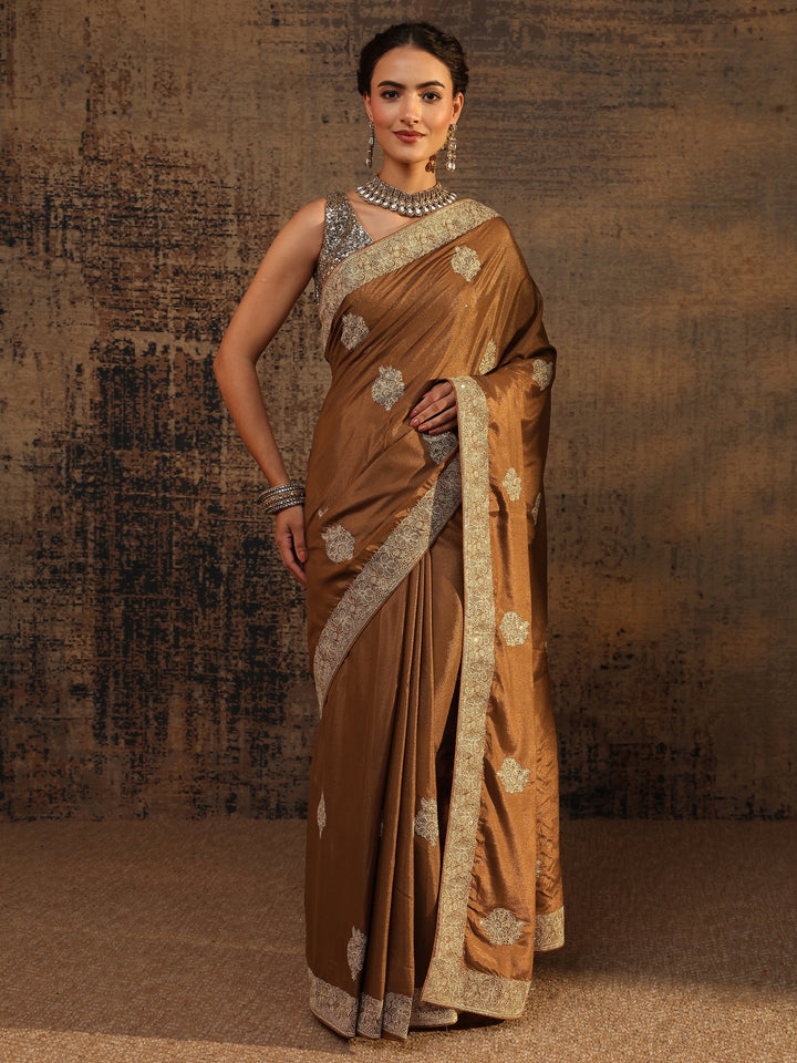 Brown Ethnic Motifs Embellished Satin Saree With Unstitched Blouse Piece