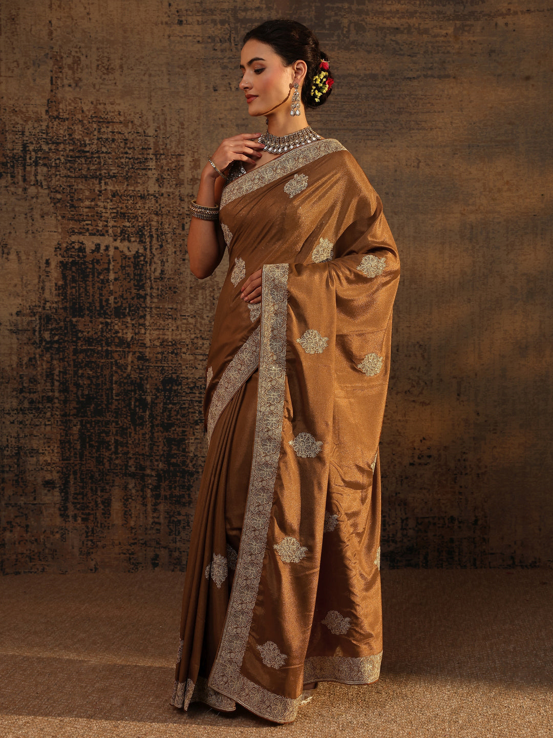 Brown Ethnic Motifs Embellished Satin Saree With Unstitched Blouse Piece