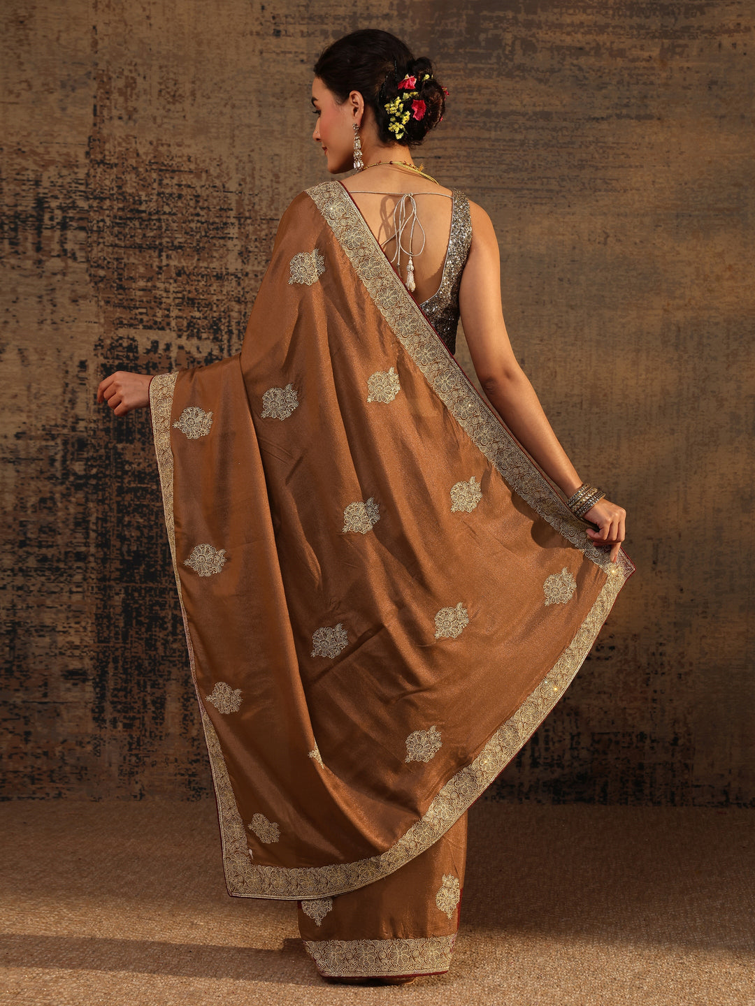Brown Ethnic Motifs Embellished Satin Saree With Unstitched Blouse Piece