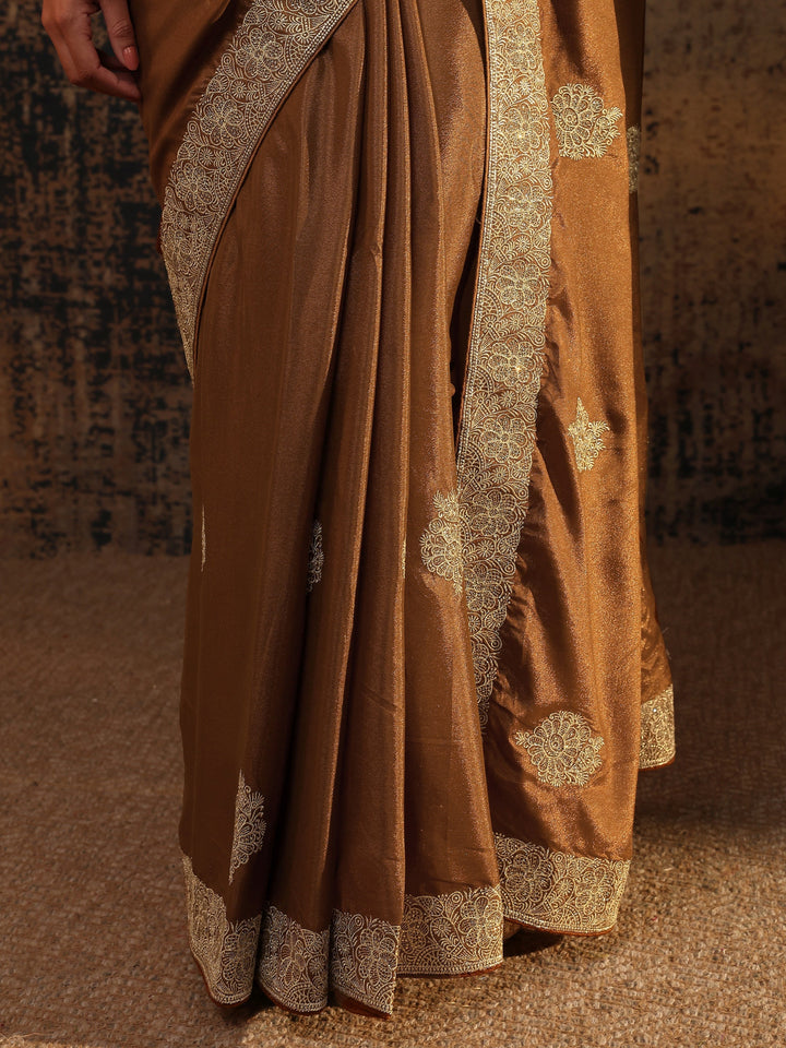 Brown Ethnic Motifs Embellished Satin Saree With Unstitched Blouse Piece