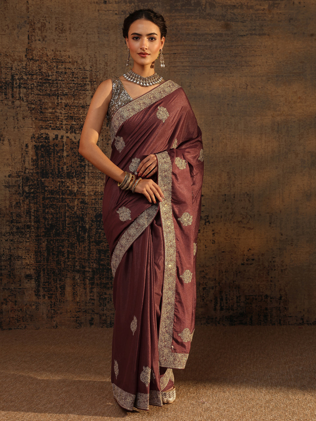 Brown Ethnic Motifs Embellished Satin Saree With Unstitched Blouse Piece