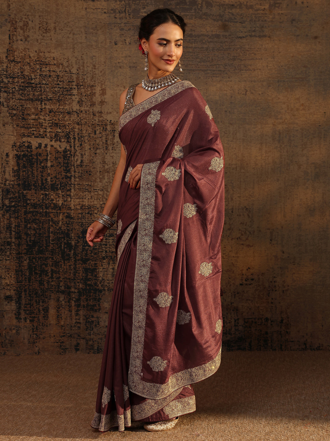Brown Ethnic Motifs Embellished Satin Saree With Unstitched Blouse Piece