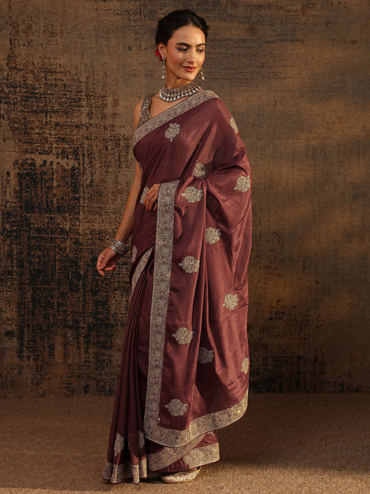 Brown Ethnic Motifs Embellished Satin Saree With Unstitched Blouse Piece