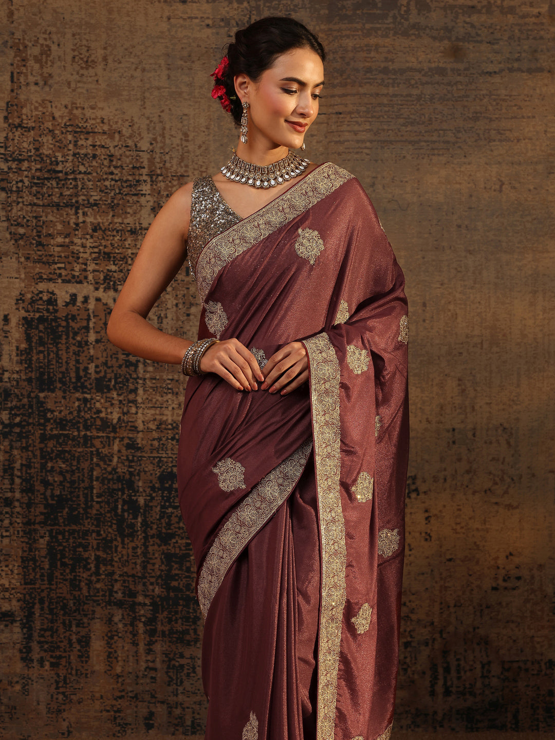 Brown Ethnic Motifs Embellished Satin Saree With Unstitched Blouse Piece
