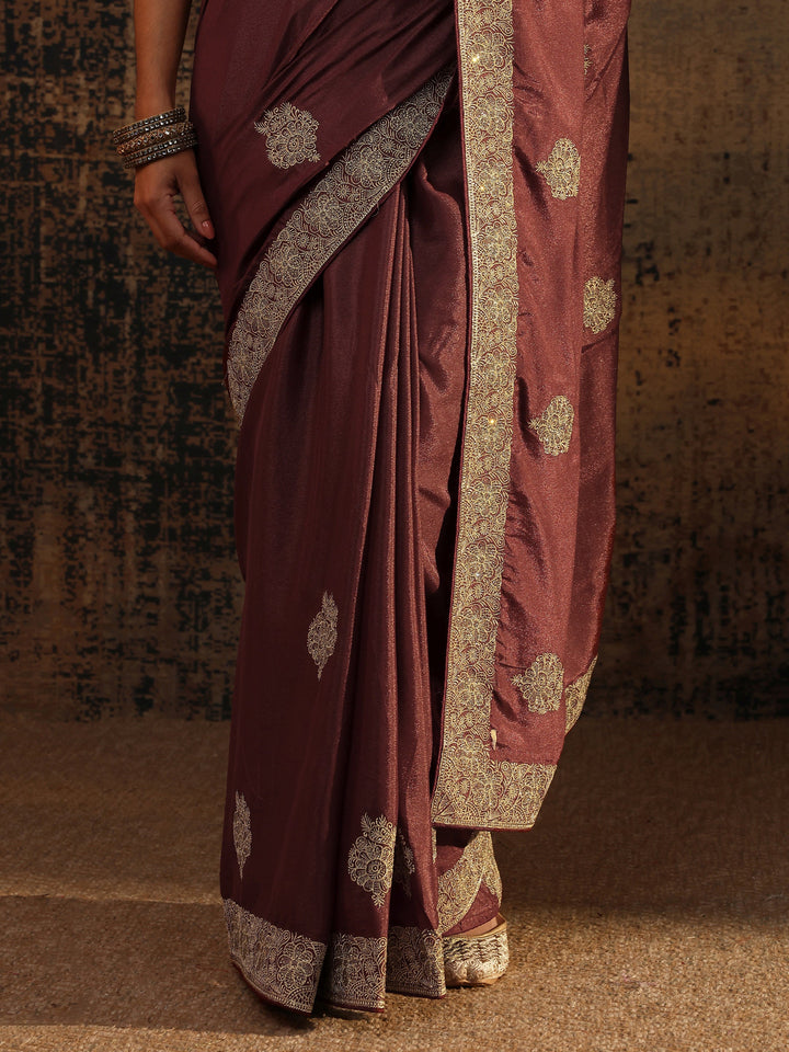 Brown Ethnic Motifs Embellished Satin Saree With Unstitched Blouse Piece