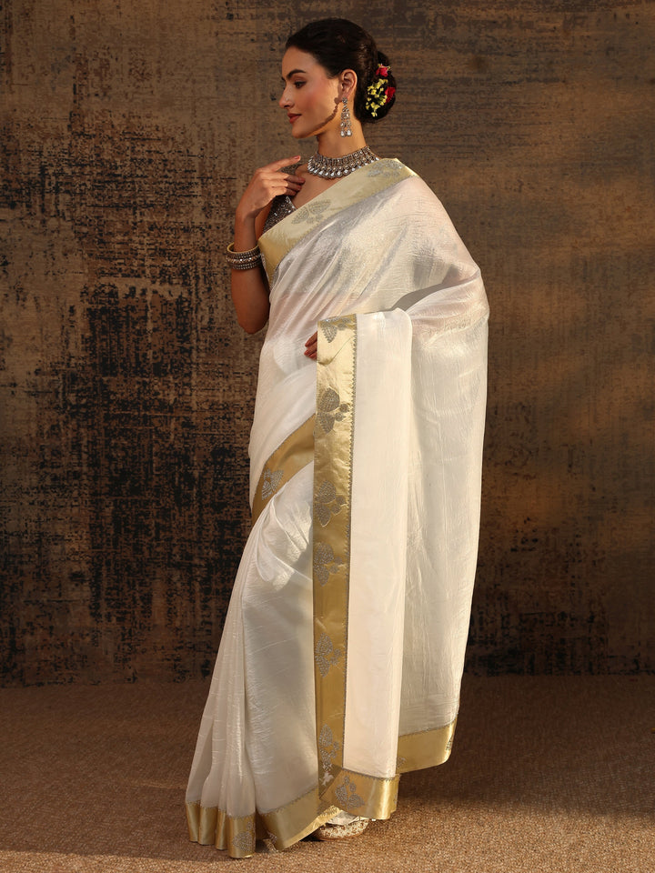 White Solid Tissue Saree With Unstitched Blouse Piece