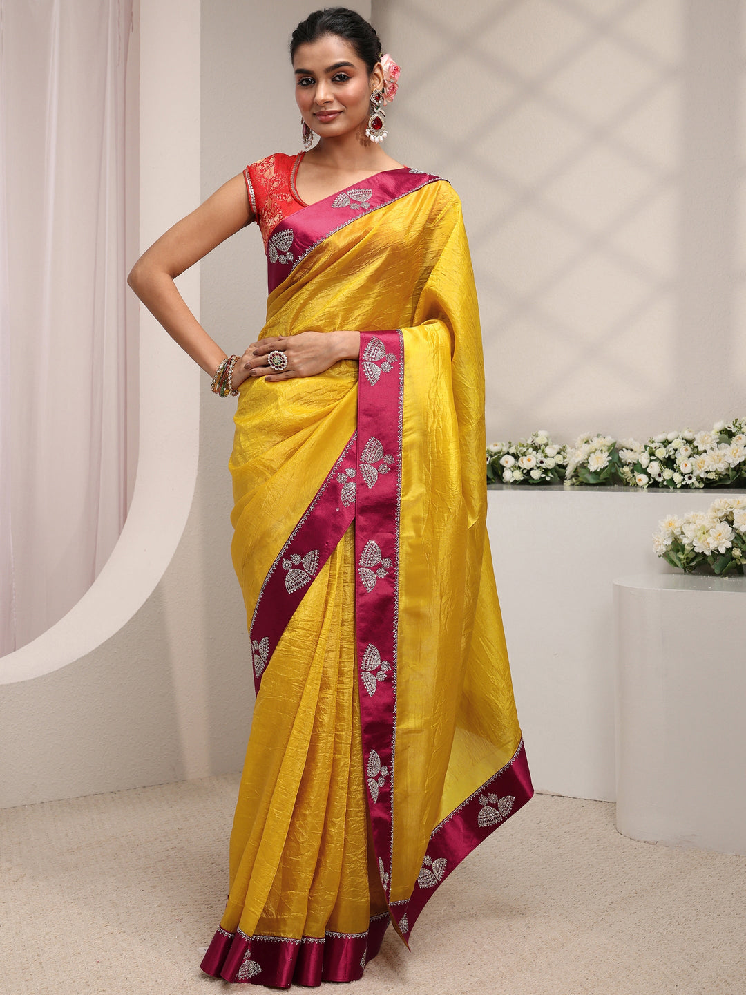 Mustard Solid Tissue Saree With Unstitched Blouse Piece