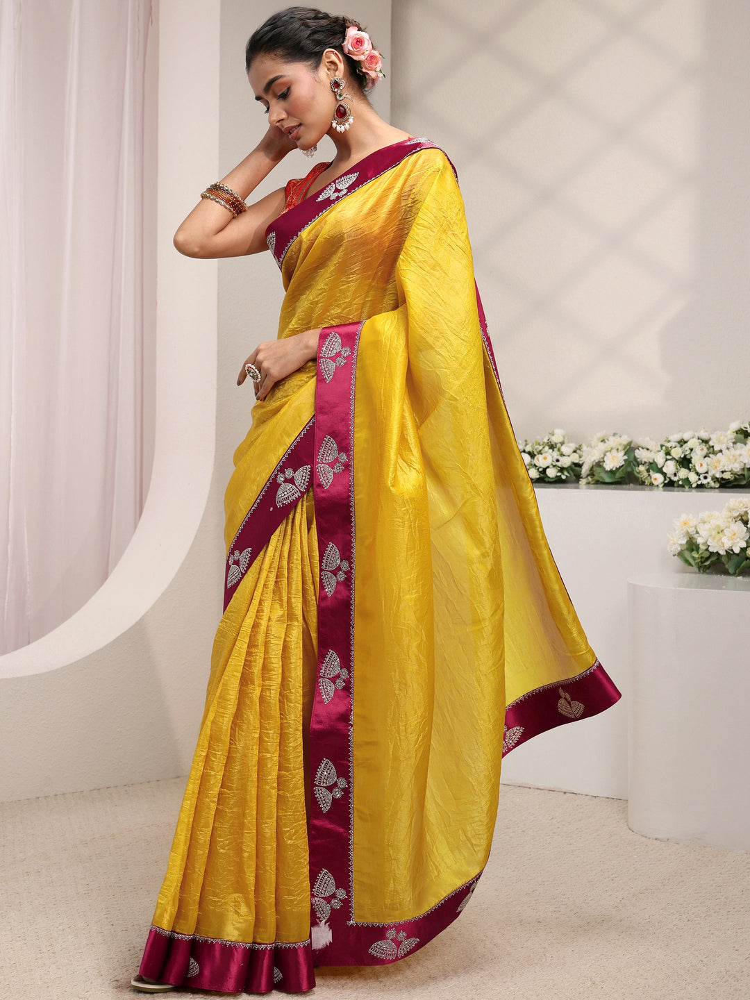 Mustard Solid Tissue Saree With Unstitched Blouse Piece