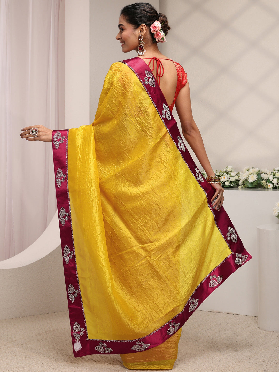 Mustard Solid Tissue Saree With Unstitched Blouse Piece