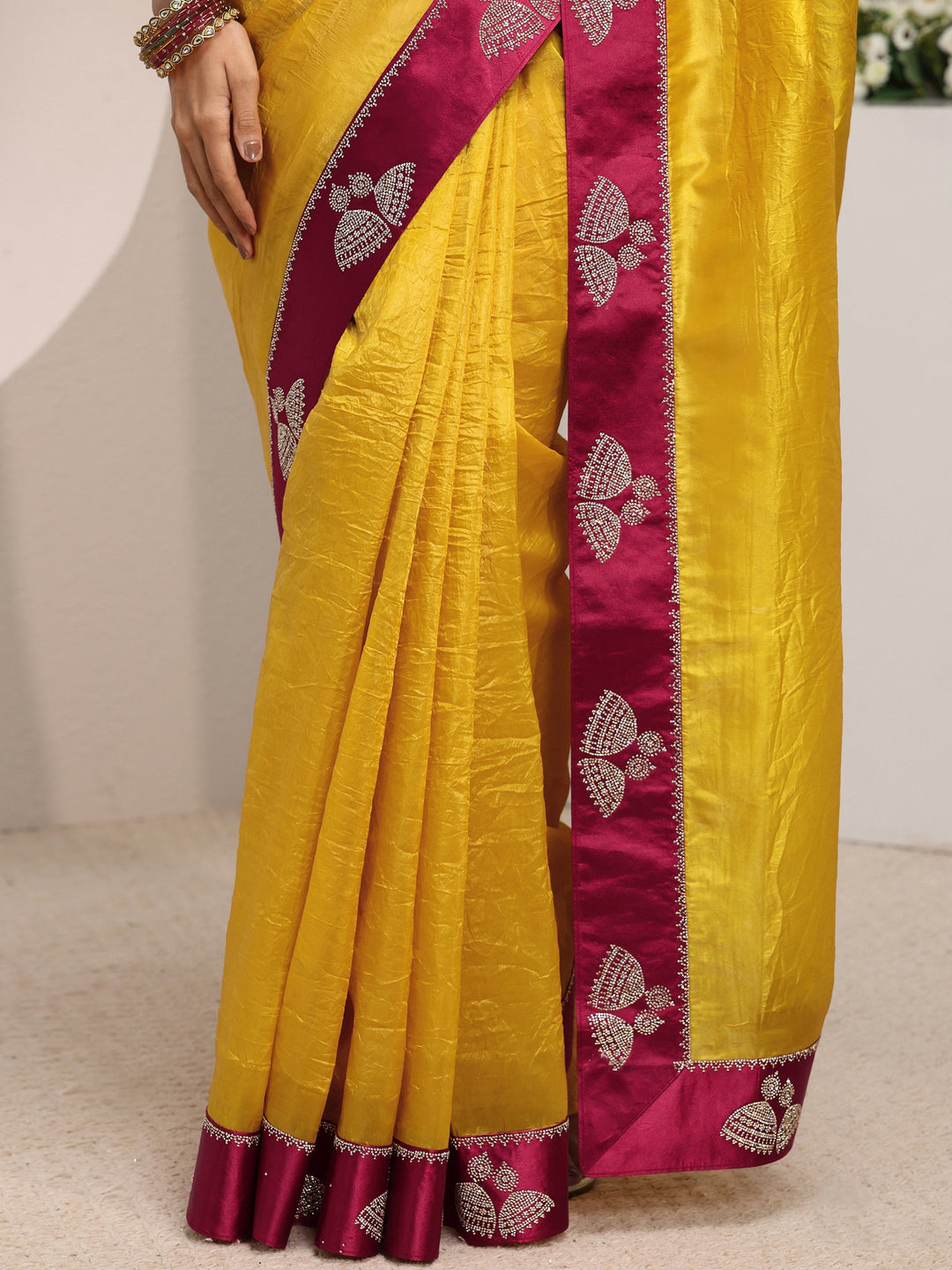 Mustard Solid Tissue Saree With Unstitched Blouse Piece