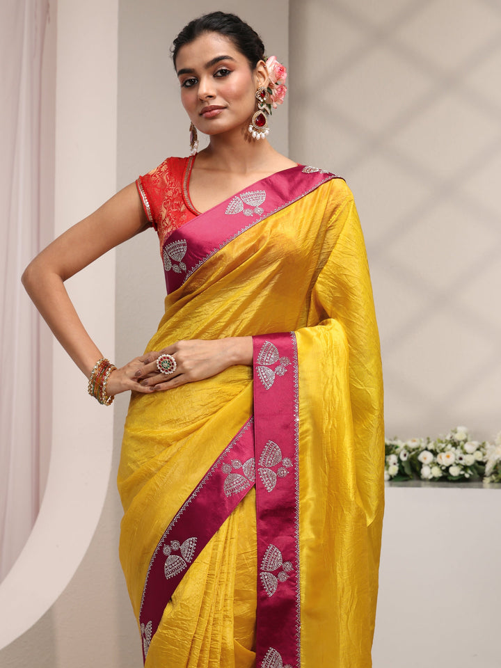 Mustard Solid Tissue Saree With Unstitched Blouse Piece