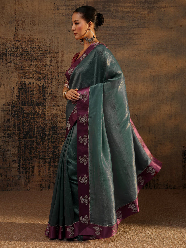 Green Solid Tissue Saree With Unstitched Blouse Piece