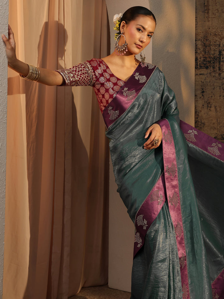 Green Solid Tissue Saree With Unstitched Blouse Piece