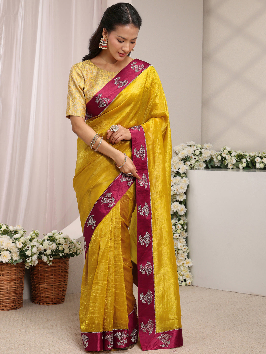 Mustard Solid Tissue Saree With Unstitched Blouse Piece