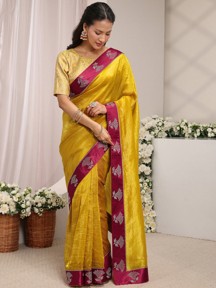 Mustard Solid Tissue Saree With Unstitched Blouse Piece