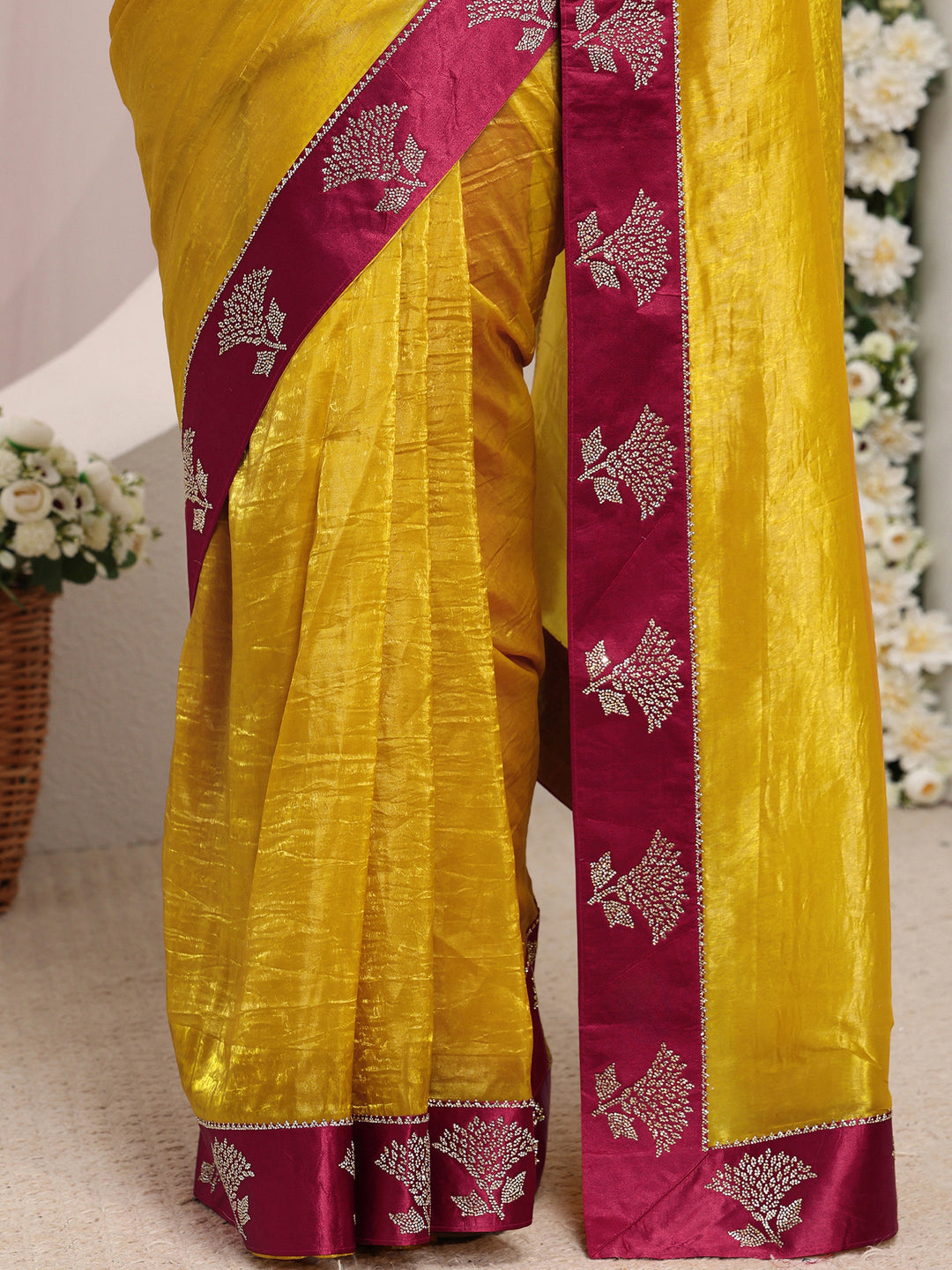 Mustard Solid Tissue Saree With Unstitched Blouse Piece