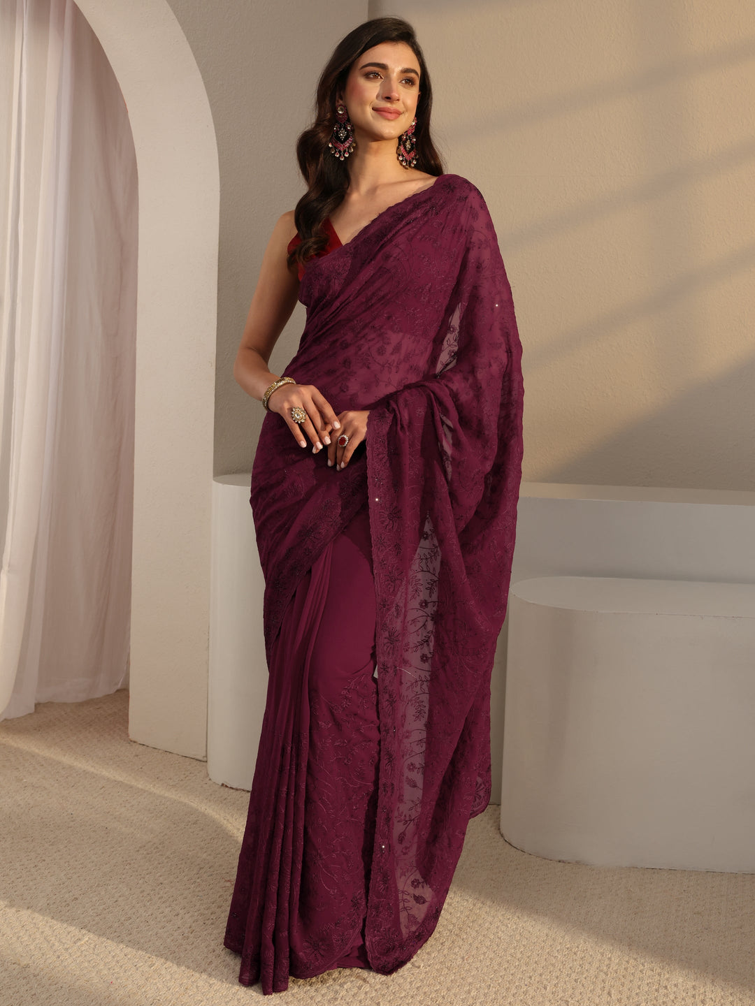 Maroon Floral Embroidered Net Saree With Unstitched Blouse Piece