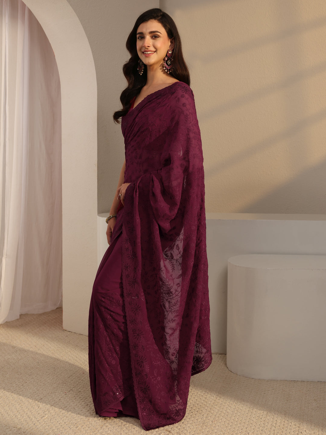 Maroon Floral Embroidered Net Saree With Unstitched Blouse Piece