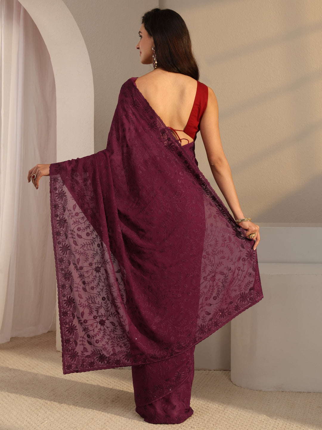 Maroon Floral Embroidered Net Saree With Unstitched Blouse Piece