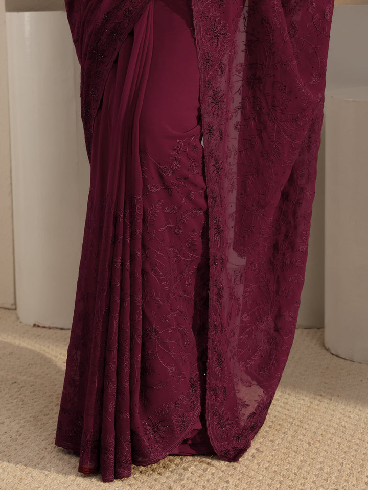 Maroon Floral Embroidered Net Saree With Unstitched Blouse Piece