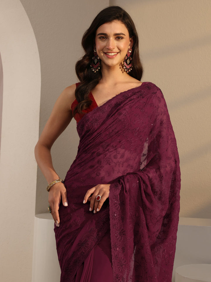 Maroon Floral Embroidered Net Saree With Unstitched Blouse Piece