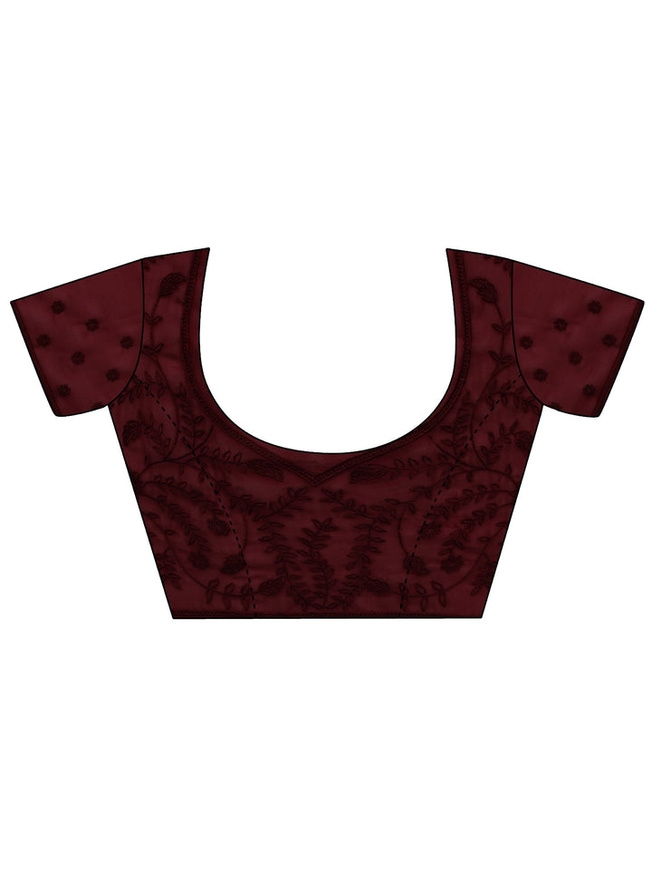 Maroon Floral Embroidered Net Saree With Unstitched Blouse Piece