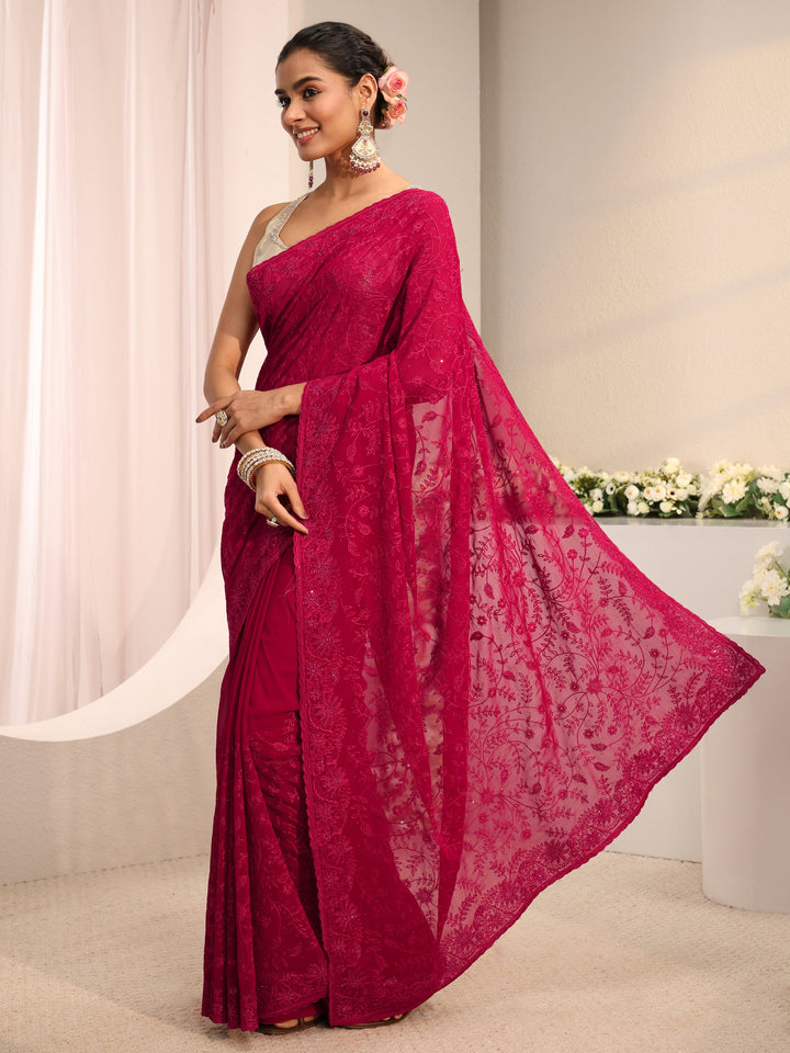 Pink Floral Embroidered Net Saree