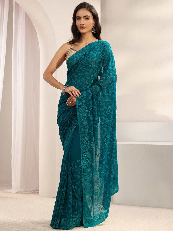 Blue Floral Embroidered Net Sareewith Unstitched Blouse Piece