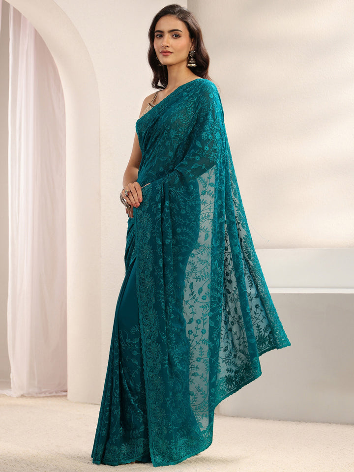 Blue Floral Embroidered Net Sareewith Unstitched Blouse Piece