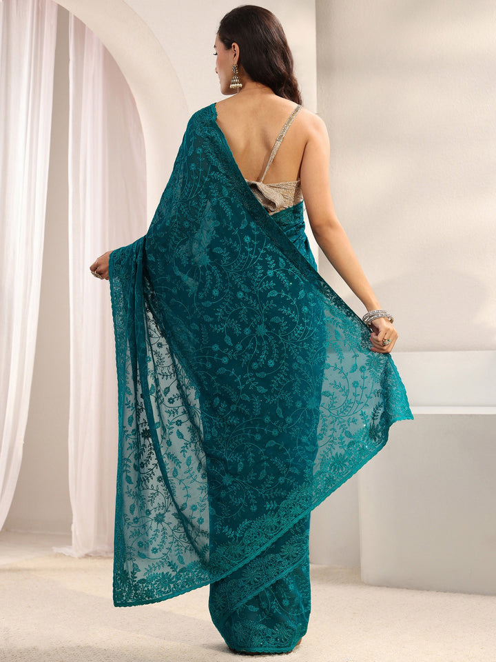 Blue Floral Embroidered Net Sareewith Unstitched Blouse Piece