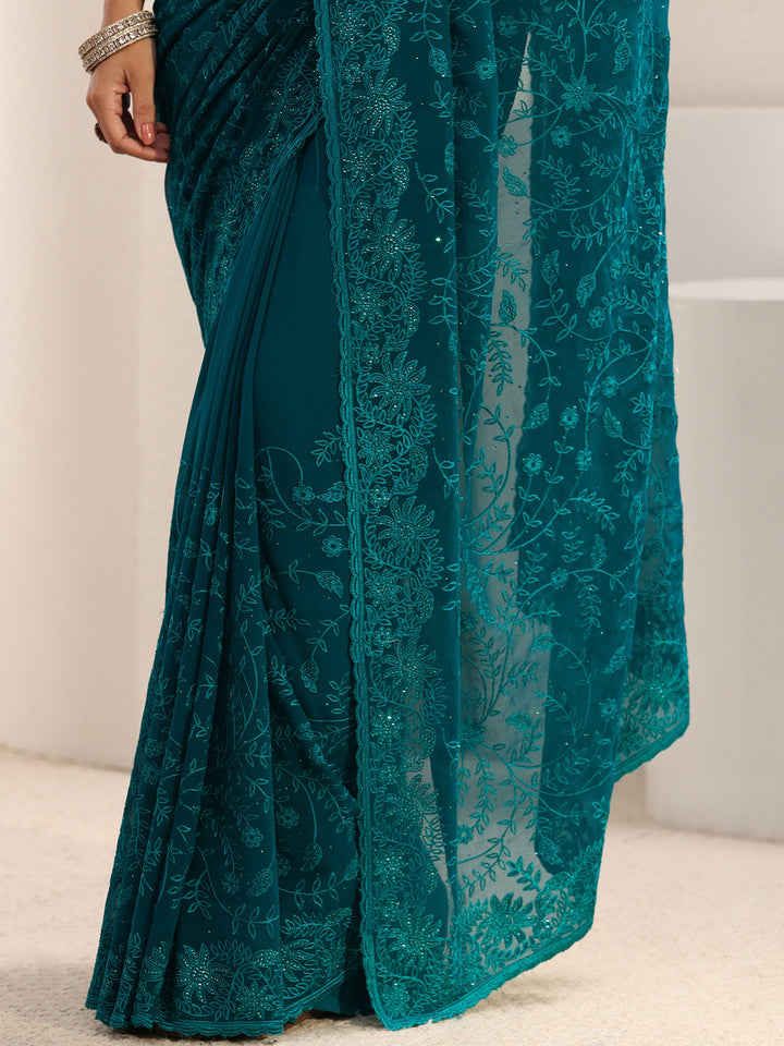 Blue Floral Embroidered Net Sareewith Unstitched Blouse Piece