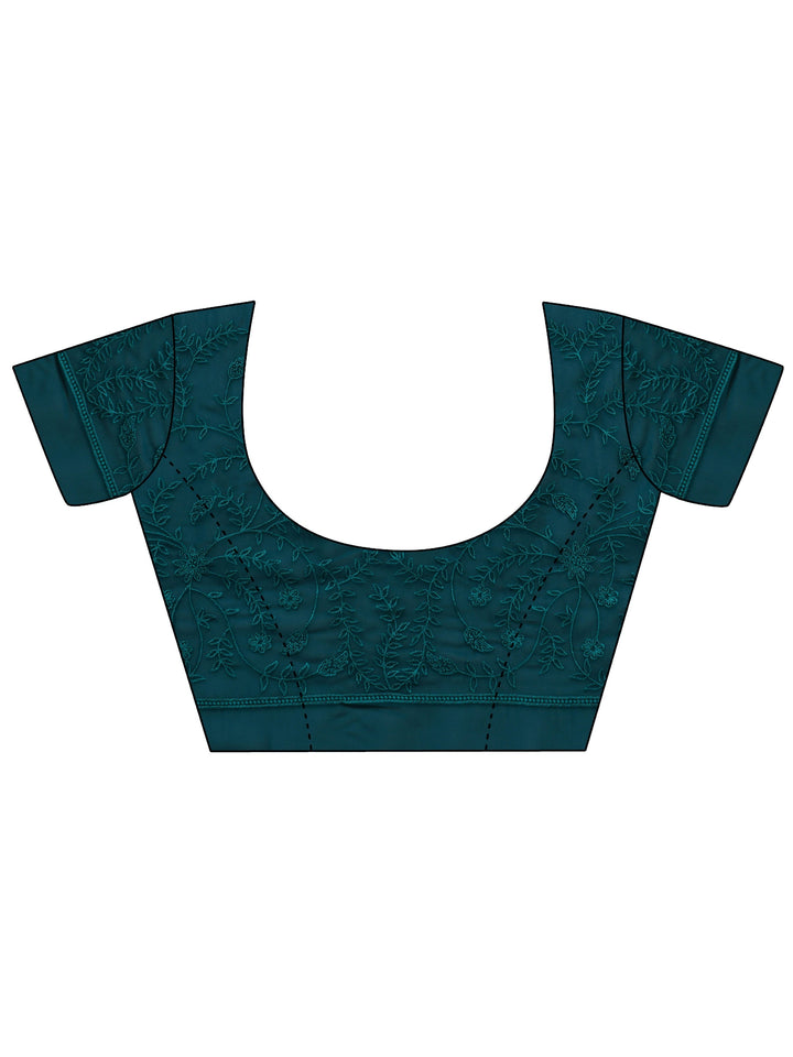 Blue Floral Embroidered Net Sareewith Unstitched Blouse Piece