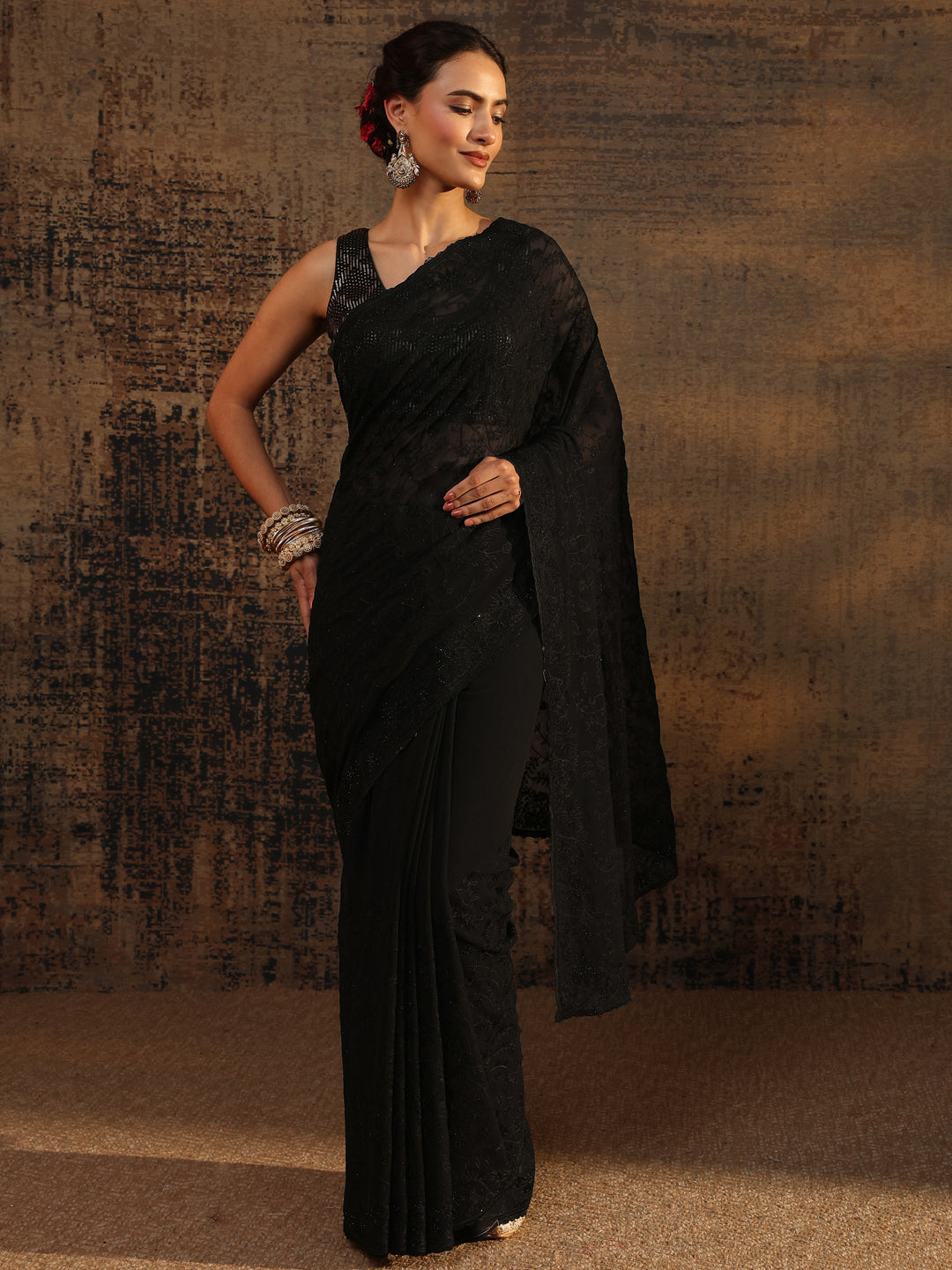 Black Floral Embroidered Net Saree With Unstitched Blouse Piece