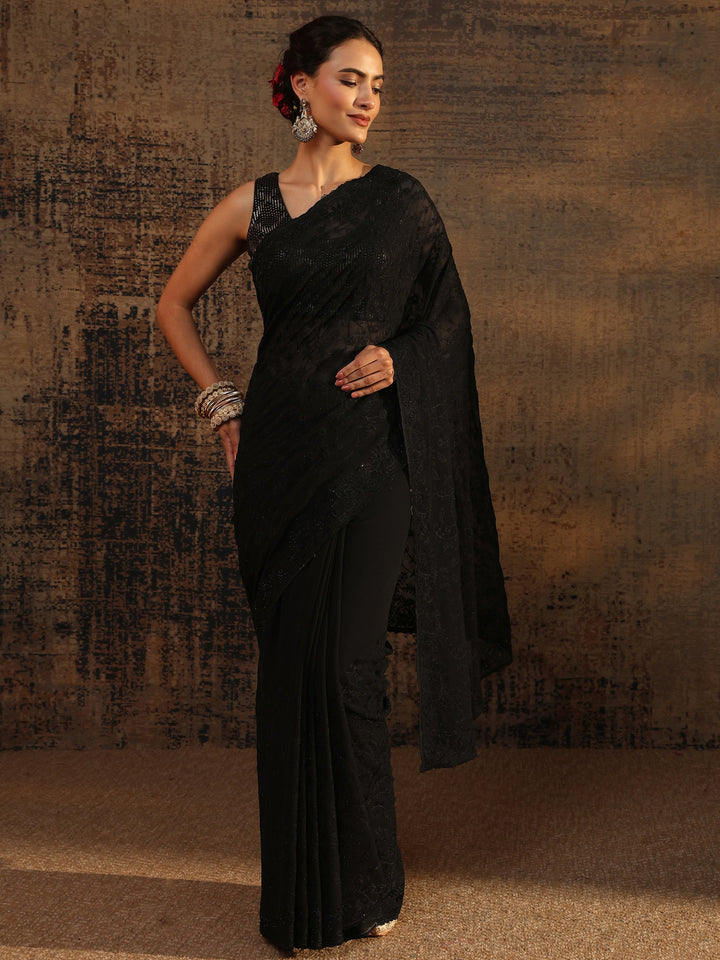 Black Floral Embroidered Net Saree With Unstitched Blouse Piece