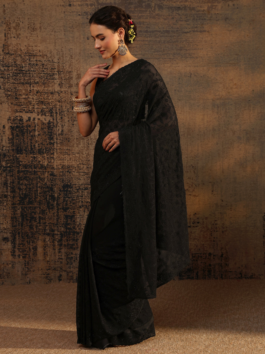 Black Floral Embroidered Net Saree With Unstitched Blouse Piece