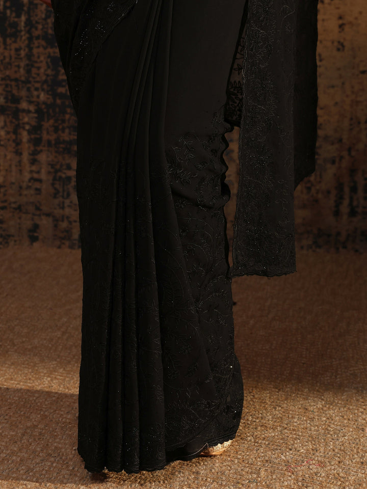 Black Floral Embroidered Net Saree With Unstitched Blouse Piece