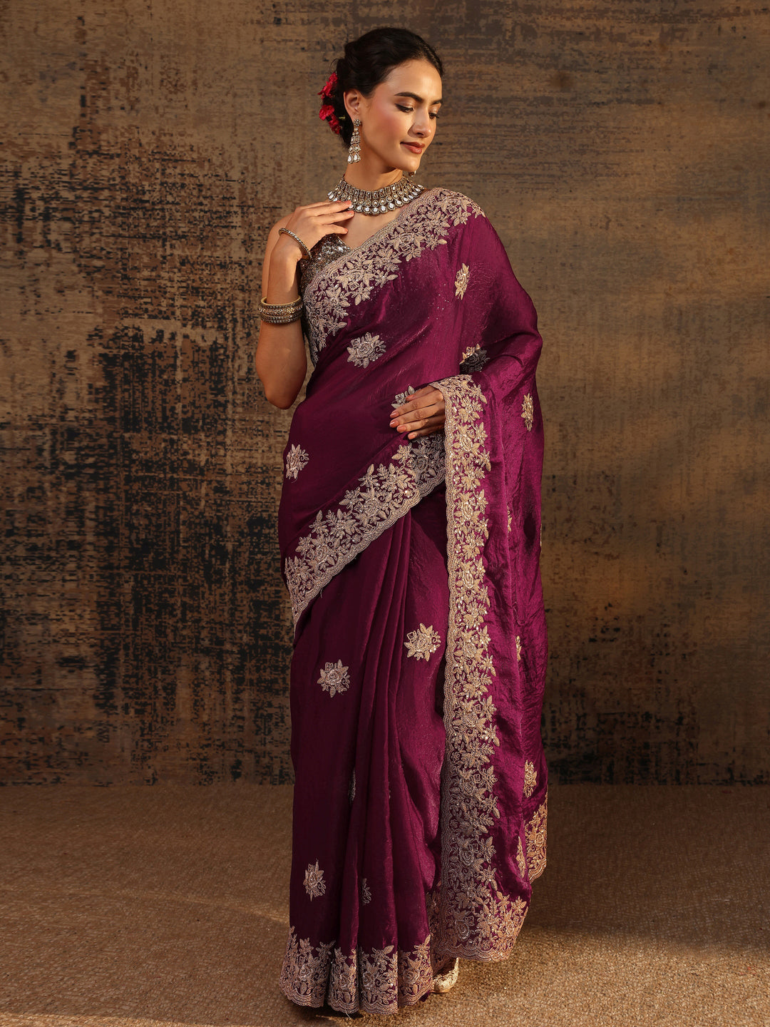 Magenta Floral Embroidered Tissue Saree With Unstitched Blouse Piece