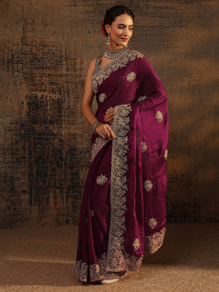 Magenta Floral Embroidered Tissue Saree With Unstitched Blouse Piece