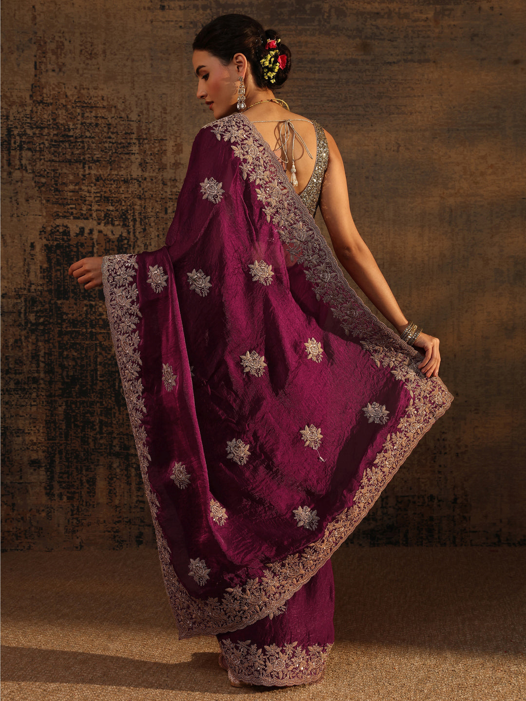 Magenta Floral Embroidered Tissue Saree With Unstitched Blouse Piece