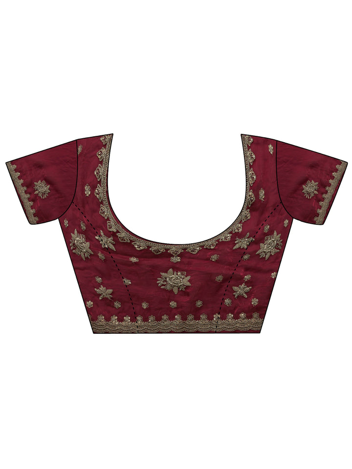 Magenta Floral Embroidered Tissue Saree With Unstitched Blouse Piece