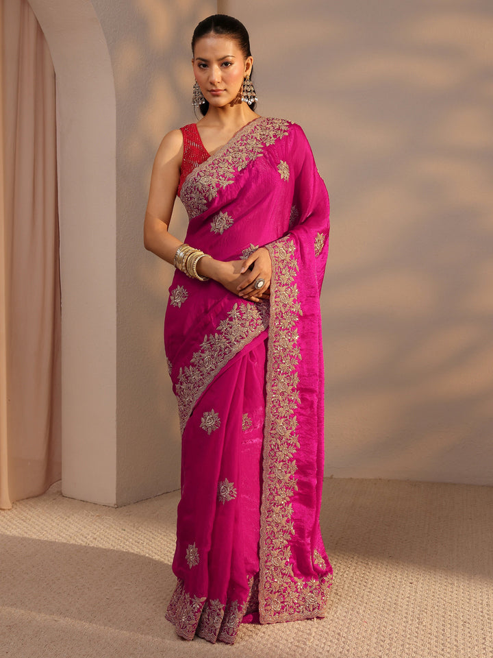 Pink Floral Embroidered Tissue Saree With Unstitched Blouse Piece