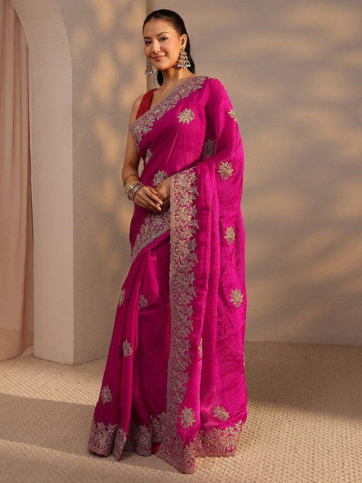 Pink Floral Embroidered Tissue Saree With Unstitched Blouse Piece