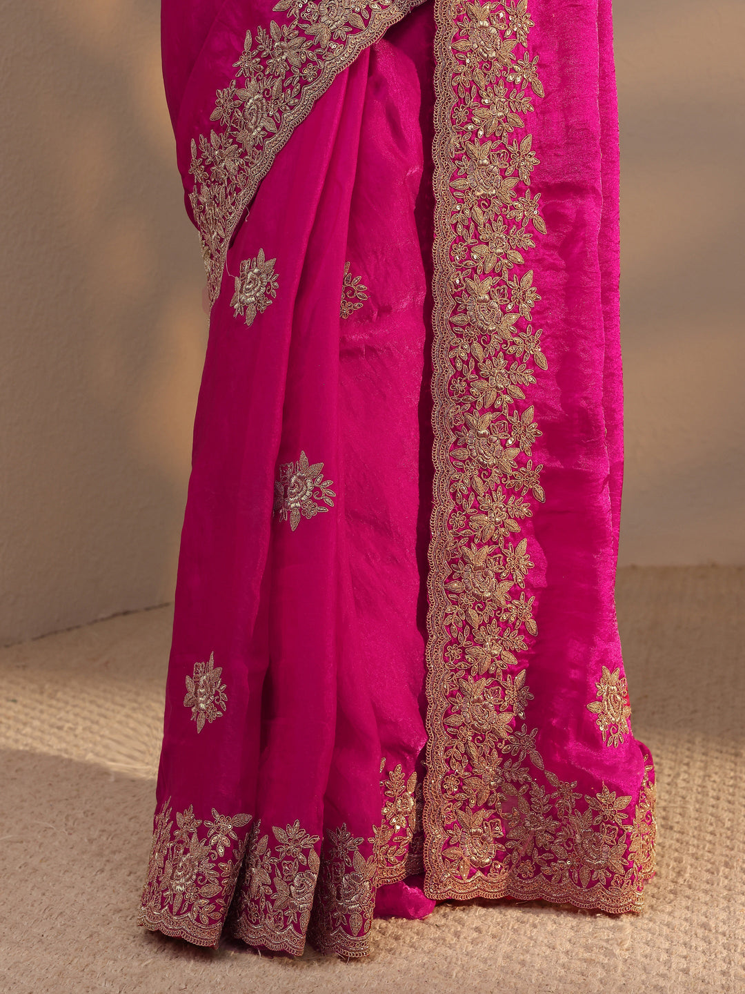 Pink Floral Embroidered Tissue Saree With Unstitched Blouse Piece
