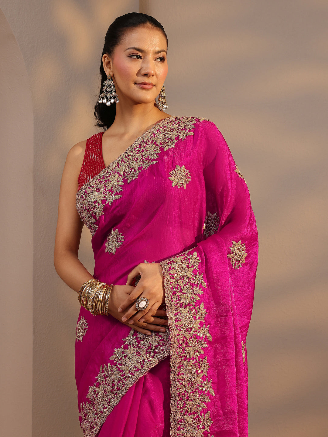 Pink Floral Embroidered Tissue Saree With Unstitched Blouse Piece