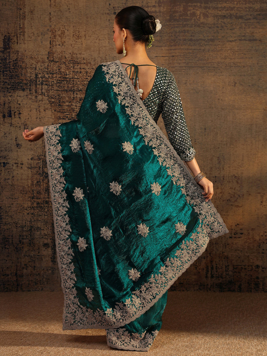 Blue Floral Embroidered Tissue Saree With Unstitched Blouse Piece