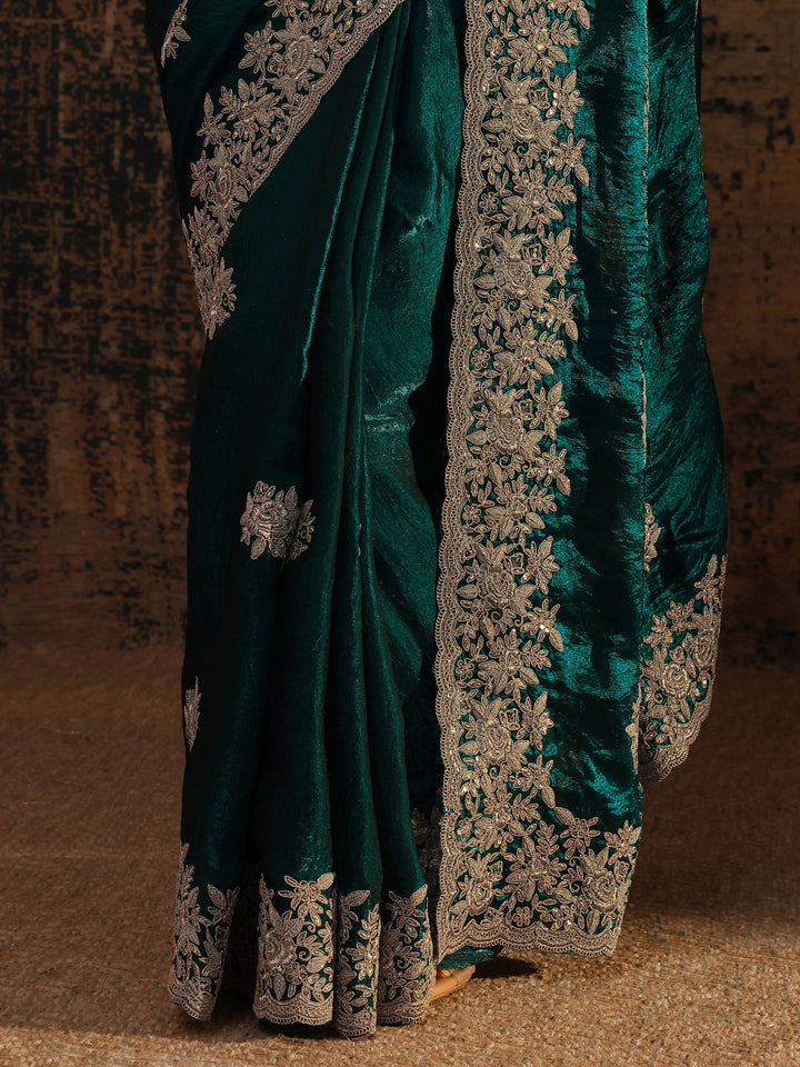 Blue Floral Embroidered Tissue Saree With Unstitched Blouse Piece