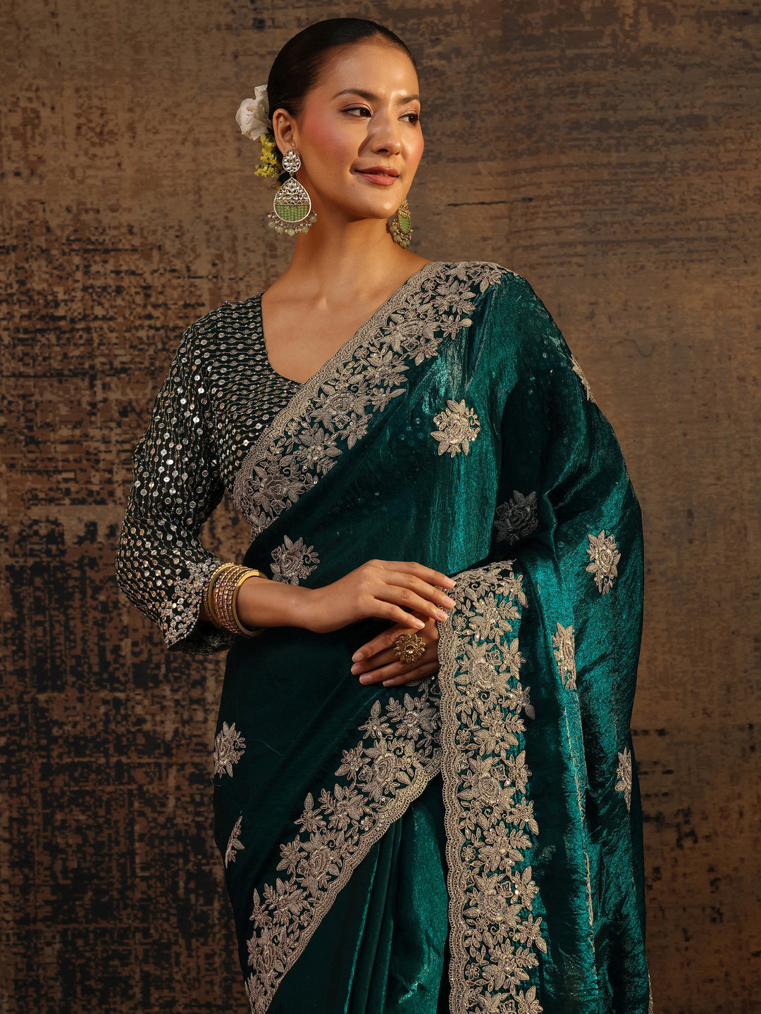 Blue Floral Embroidered Tissue Saree With Unstitched Blouse Piece