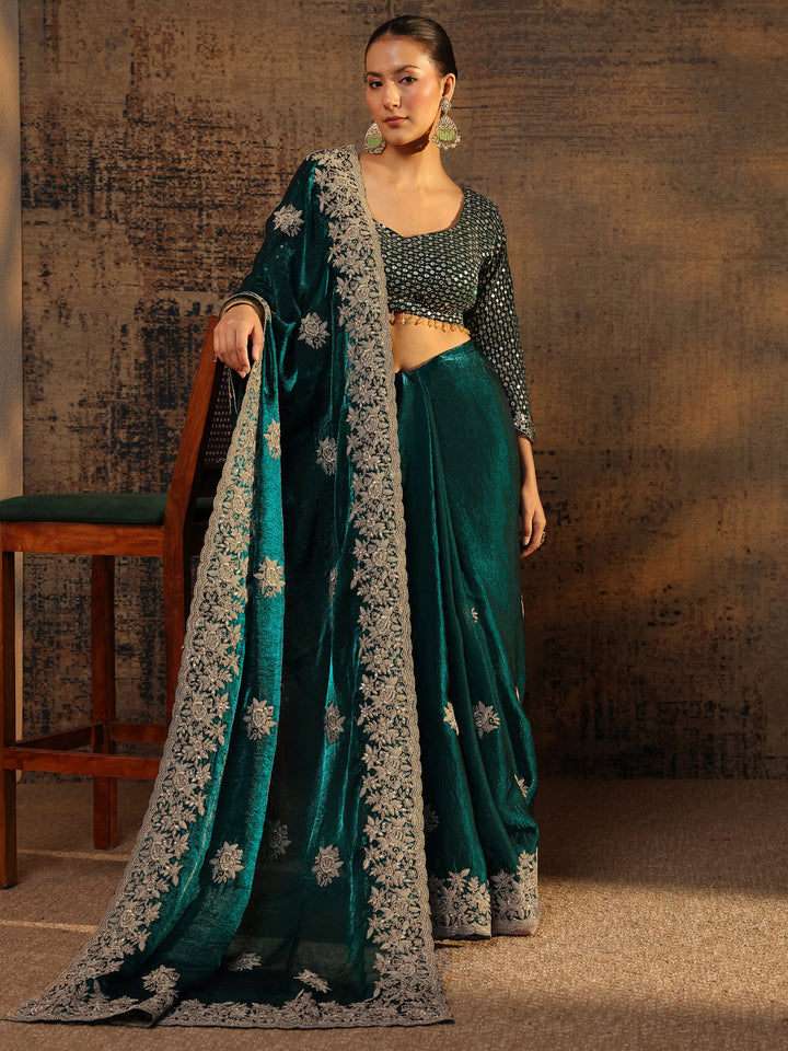 Blue Floral Embroidered Tissue Saree With Unstitched Blouse Piece