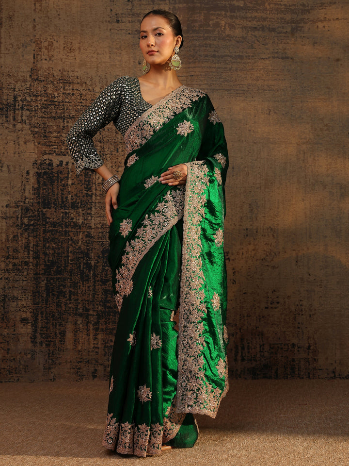 Green Floral Embroidered Tissue Saree With Unstitched Blouse Piece